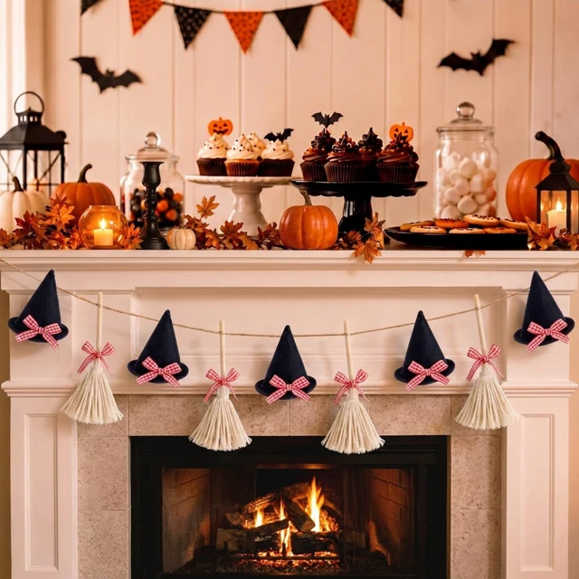 Alt view image 4 of 6 - Halloween Garland Mini Witch Hat and Broom Decorations, 5.3 ft | Felt Witch Hats with Tassel Brooms, DIY Hanging Garland, Halloween Banner for Mantel Fireplace, Home, Room, Indoor Wall Decor