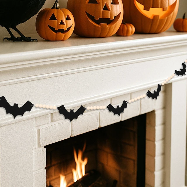 Main image of Halloween Felt Bats with Wood Beads Garland Pre-Assembled Banner | Happy Halloween Decorations Farmhouse Spooky Hanging Banner for Mantle, Fireplace, Wall, Indoor Outdoor Party Supplies