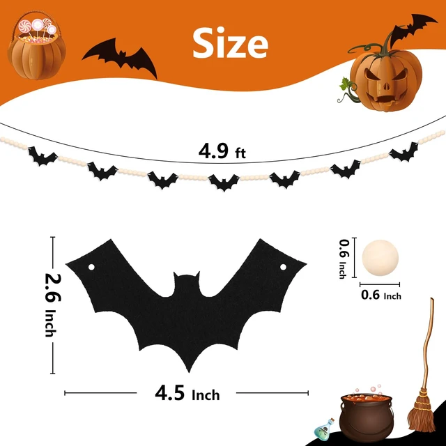 Alt view image 2 of 7 - Halloween Felt Bats with Wood Beads Garland Pre-Assembled Banner | Happy Halloween Decorations Farmhouse Spooky Hanging Banner for Mantle, Fireplace, Wall, Indoor Outdoor Party Supplies
