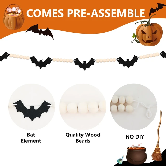 Alt view image 3 of 7 - Halloween Felt Bats with Wood Beads Garland Pre-Assembled Banner | Happy Halloween Decorations Farmhouse Spooky Hanging Banner for Mantle, Fireplace, Wall, Indoor Outdoor Party Supplies