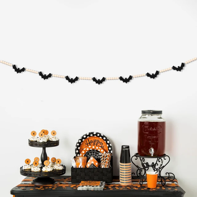 Alt view image 4 of 7 - Halloween Felt Bats with Wood Beads Garland Pre-Assembled Banner | Happy Halloween Decorations Farmhouse Spooky Hanging Banner for Mantle, Fireplace, Wall, Indoor Outdoor Party Supplies