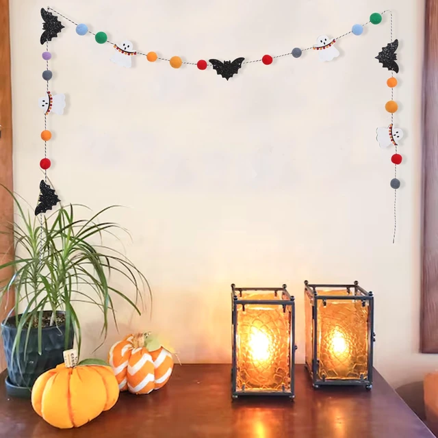 Alt view image 2 of 7 - Felt Bat Ghost Garland, Spooky Halloween Party Decorations | Spooky Banner with Colorful Felt Balls, Halloween Wall Mantel Hanging Garland, Black Bat White Ghost Photo Backdrop