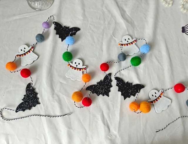 Alt view image 3 of 7 - Felt Bat Ghost Garland, Spooky Halloween Party Decorations | Spooky Banner with Colorful Felt Balls, Halloween Wall Mantel Hanging Garland, Black Bat White Ghost Photo Backdrop