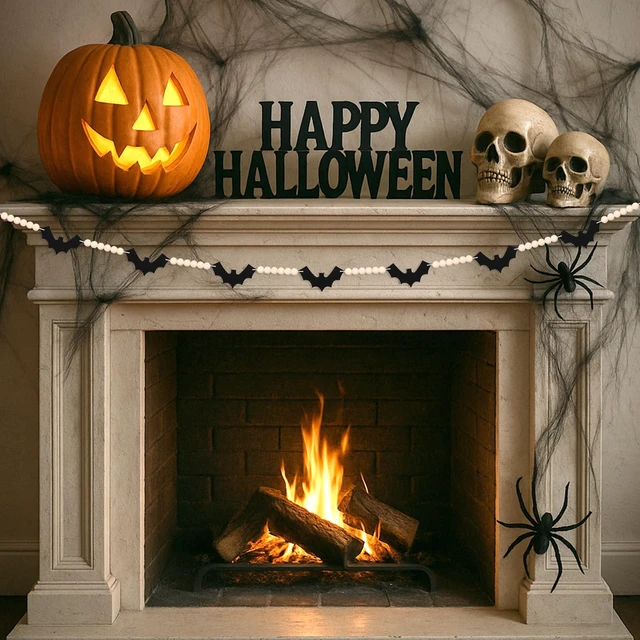 Alt view image 5 of 7 - Halloween Felt Bats with Wood Beads Garland Pre-Assembled Banner | Happy Halloween Decorations Farmhouse Spooky Hanging Banner for Mantle, Fireplace, Wall, Indoor Outdoor Party Supplies