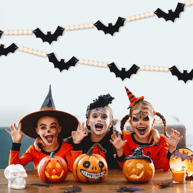 Alt view image 7 of 7 - Halloween Felt Bats with Wood Beads Garland Pre-Assembled Banner | Happy Halloween Decorations Farmhouse Spooky Hanging Banner for Mantle, Fireplace, Wall, Indoor Outdoor Party Supplies
