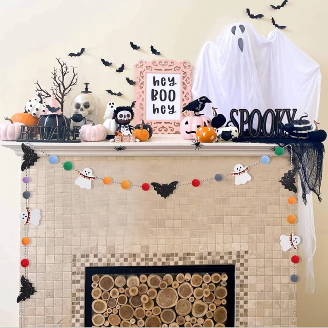 Alt view image 4 of 7 - Felt Bat Ghost Garland, Spooky Halloween Party Decorations | Spooky Banner with Colorful Felt Balls, Halloween Wall Mantel Hanging Garland, Black Bat White Ghost Photo Backdrop