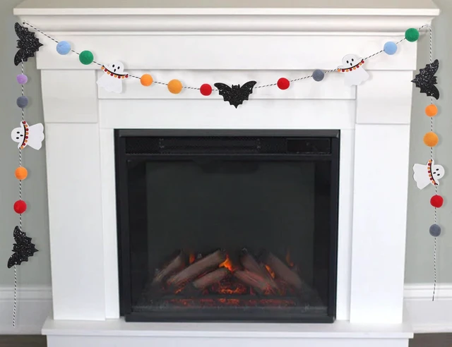 Alt view image 5 of 7 - Felt Bat Ghost Garland, Spooky Halloween Party Decorations | Spooky Banner with Colorful Felt Balls, Halloween Wall Mantel Hanging Garland, Black Bat White Ghost Photo Backdrop