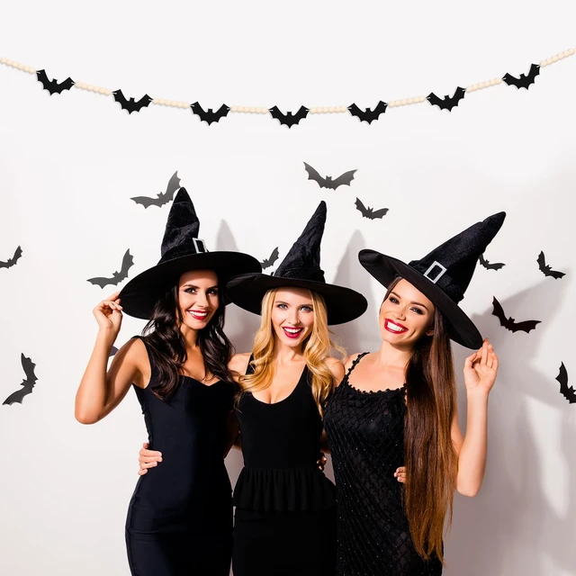 Alt view image 6 of 7 - Halloween Felt Bats with Wood Beads Garland Pre-Assembled Banner | Happy Halloween Decorations Farmhouse Spooky Hanging Banner for Mantle, Fireplace, Wall, Indoor Outdoor Party Supplies