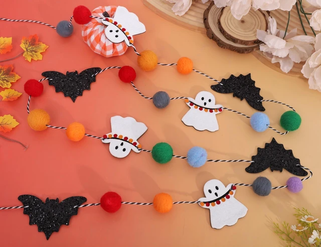 Alt view image 7 of 7 - Felt Bat Ghost Garland, Spooky Halloween Party Decorations | Spooky Banner with Colorful Felt Balls, Halloween Wall Mantel Hanging Garland, Black Bat White Ghost Photo Backdrop