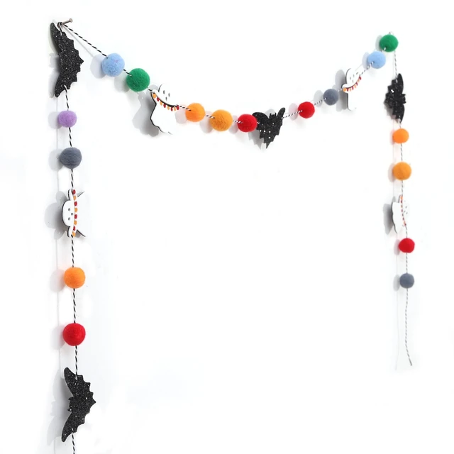 Alt view image 6 of 7 - Felt Bat Ghost Garland, Spooky Halloween Party Decorations | Spooky Banner with Colorful Felt Balls, Halloween Wall Mantel Hanging Garland, Black Bat White Ghost Photo Backdrop