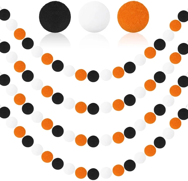 Main image of 4 Pack 26.3 Ft Halloween Pom Pom Garlands Decorations | Halloween 30 Balls Garland, Black Orange White Felt Ball Hanging Garlands, for Autumn Xmas Party Home Wall Decor Supplies