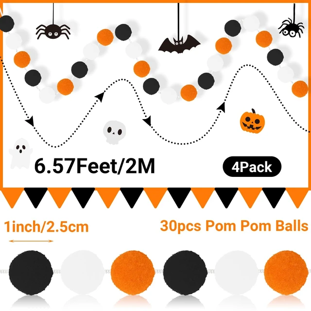 Alt view image 2 of 7 - 4 Pack 26.3 Ft Halloween Pom Pom Garlands Decorations | Halloween 30 Balls Garland, Black Orange White Felt Ball Hanging Garlands, for Autumn Xmas Party Home Wall Decor Supplies