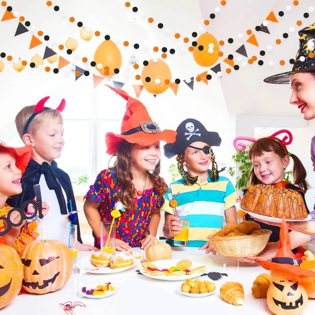 Alt view image 4 of 7 - 4 Pack 26.3 Ft Halloween Pom Pom Garlands Decorations | Halloween 30 Balls Garland, Black Orange White Felt Ball Hanging Garlands, for Autumn Xmas Party Home Wall Decor Supplies