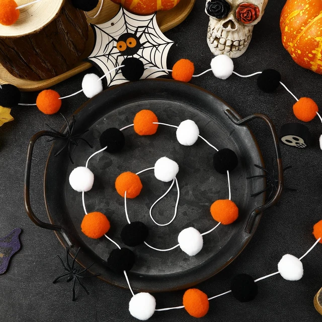 Alt view image 5 of 7 - 4 Pack 26.3 Ft Halloween Pom Pom Garlands Decorations | Halloween 30 Balls Garland, Black Orange White Felt Ball Hanging Garlands, for Autumn Xmas Party Home Wall Decor Supplies
