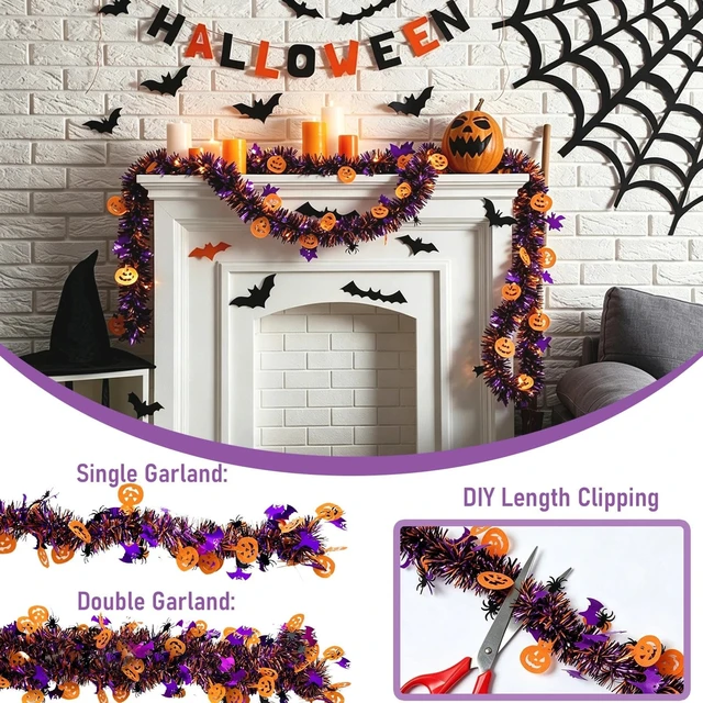 Alt view image 3 of 5 - Halloween Garland Decorations,52Ft Pumpkin Bats Spider Garland Decor | Halloween Decorations Outdoor, PVC Material, Change The Shape, Reuse, Lightweight, Convenient Storage Without Taking Up Space