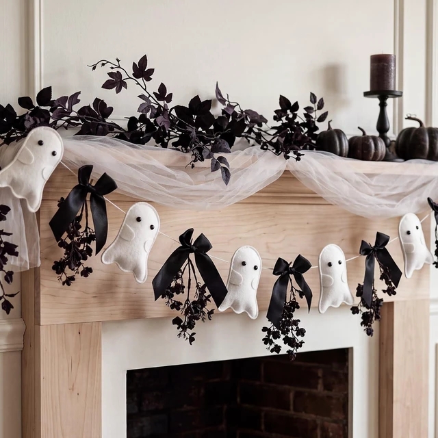 Main image of Halloween Felt Ghost Garland Cute Ghost Theme Banner | with Black Bows and Dried Flowers, Black Spooky Ghost Banner, for Houses Doorways Indoor Outdoor, Home Mantel Decorations