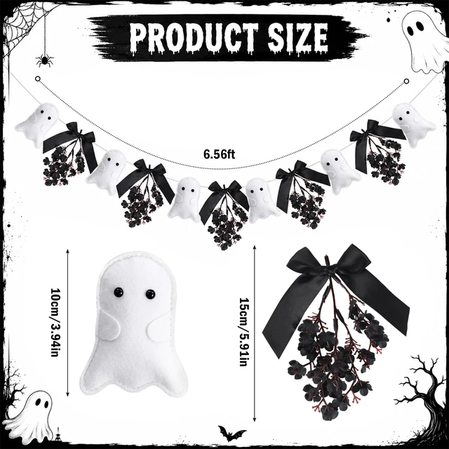 Alt view image 2 of 7 - Halloween Felt Ghost Garland Cute Ghost Theme Banner | with Black Bows and Dried Flowers, Black Spooky Ghost Banner, for Houses Doorways Indoor Outdoor, Home Mantel Decorations