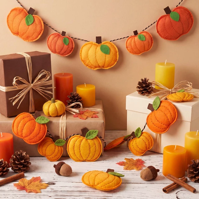 Alt view image 2 of 7 - 13 ft 34 Pcs Fall Pumpkin Felt Garland 3D Pumpkin Hanging Decor | Hanging Fall Pumpkin Banner, Thanksgiving Harvest Home Fireplace Mantel Decor, for Window Wall Door Table, Farmhouse Rustic