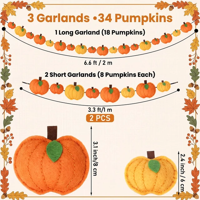 Alt view image 3 of 7 - 13 ft 34 Pcs Fall Pumpkin Felt Garland 3D Pumpkin Hanging Decor | Hanging Fall Pumpkin Banner, Thanksgiving Harvest Home Fireplace Mantel Decor, for Window Wall Door Table, Farmhouse Rustic