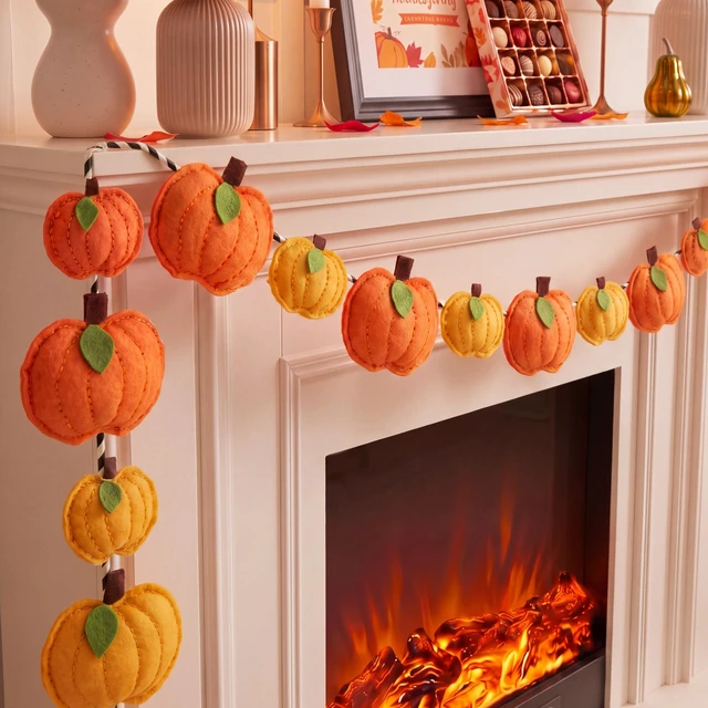 Main image of 13 ft 34 Pcs Fall Pumpkin Felt Garland 3D Pumpkin Hanging Decor | Hanging Fall Pumpkin Banner, Thanksgiving Harvest Home Fireplace Mantel Decor, for Window Wall Door Table, Farmhouse Rustic