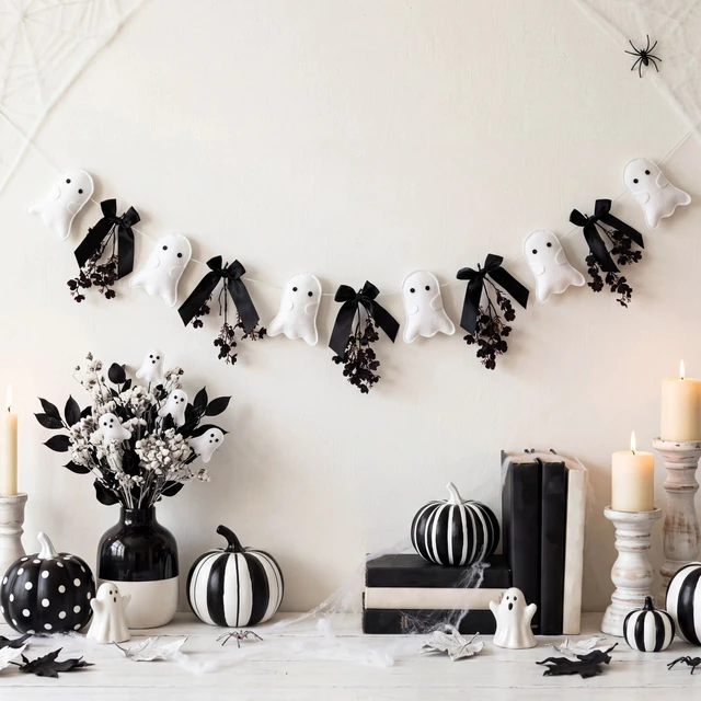 Alt view image 6 of 7 - Halloween Felt Ghost Garland Cute Ghost Theme Banner | with Black Bows and Dried Flowers, Black Spooky Ghost Banner, for Houses Doorways Indoor Outdoor, Home Mantel Decorations