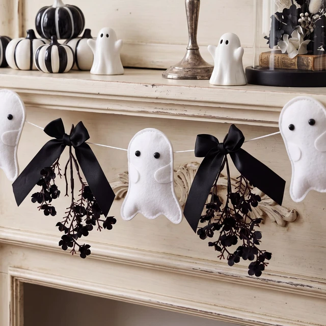 Alt view image 4 of 7 - Halloween Felt Ghost Garland Cute Ghost Theme Banner | with Black Bows and Dried Flowers, Black Spooky Ghost Banner, for Houses Doorways Indoor Outdoor, Home Mantel Decorations