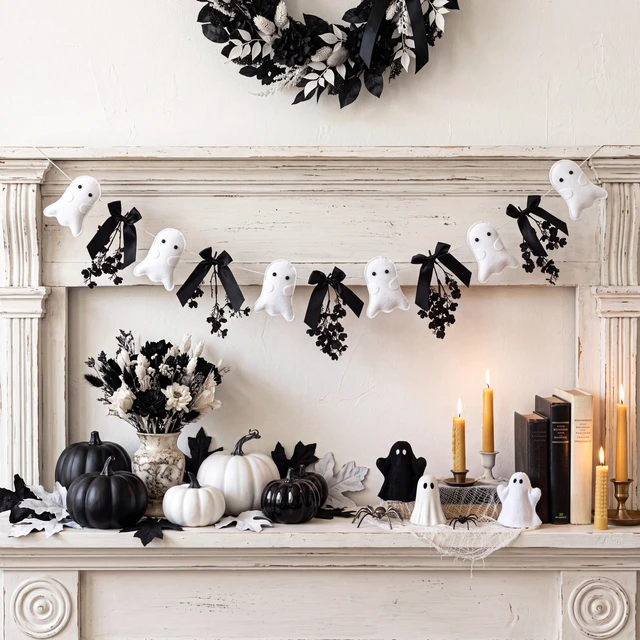Alt view image 5 of 7 - Halloween Felt Ghost Garland Cute Ghost Theme Banner | with Black Bows and Dried Flowers, Black Spooky Ghost Banner, for Houses Doorways Indoor Outdoor, Home Mantel Decorations