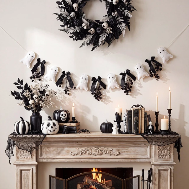 Alt view image 7 of 7 - Halloween Felt Ghost Garland Cute Ghost Theme Banner | with Black Bows and Dried Flowers, Black Spooky Ghost Banner, for Houses Doorways Indoor Outdoor, Home Mantel Decorations