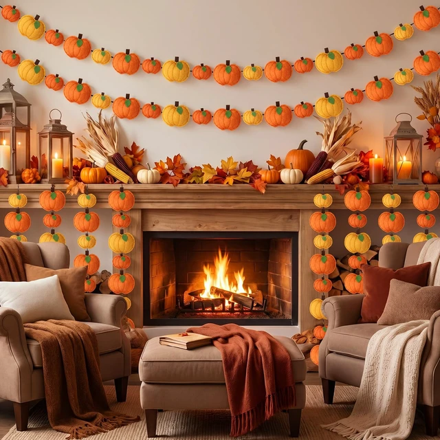 Alt view image 6 of 7 - 13 ft 34 Pcs Fall Pumpkin Felt Garland 3D Pumpkin Hanging Decor | Hanging Fall Pumpkin Banner, Thanksgiving Harvest Home Fireplace Mantel Decor, for Window Wall Door Table, Farmhouse Rustic