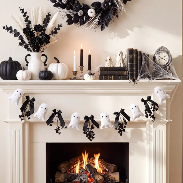 Alt view image 3 of 7 - Halloween Felt Ghost Garland Cute Ghost Theme Banner | with Black Bows and Dried Flowers, Black Spooky Ghost Banner, for Houses Doorways Indoor Outdoor, Home Mantel Decorations
