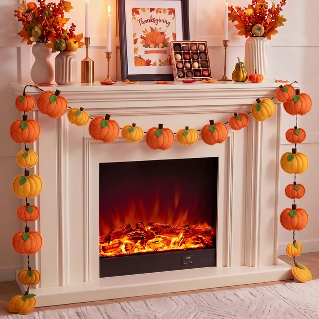 Alt view image 4 of 7 - 13 ft 34 Pcs Fall Pumpkin Felt Garland 3D Pumpkin Hanging Decor | Hanging Fall Pumpkin Banner, Thanksgiving Harvest Home Fireplace Mantel Decor, for Window Wall Door Table, Farmhouse Rustic