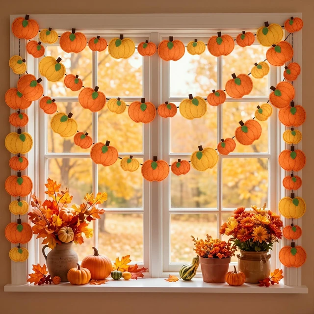 Alt view image 5 of 7 - 13 ft 34 Pcs Fall Pumpkin Felt Garland 3D Pumpkin Hanging Decor | Hanging Fall Pumpkin Banner, Thanksgiving Harvest Home Fireplace Mantel Decor, for Window Wall Door Table, Farmhouse Rustic