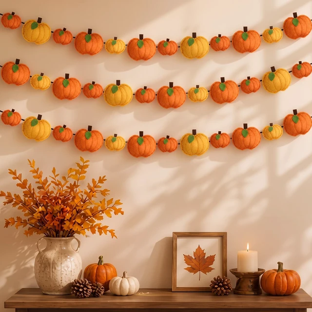 Alt view image 7 of 7 - 13 ft 34 Pcs Fall Pumpkin Felt Garland 3D Pumpkin Hanging Decor | Hanging Fall Pumpkin Banner, Thanksgiving Harvest Home Fireplace Mantel Decor, for Window Wall Door Table, Farmhouse Rustic