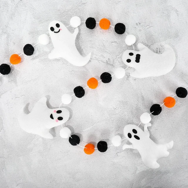 Main image of 6.6 Ft Halloween Theme Banner Different Expressions Cute Ghosts Banner Black White Orange Party Banner Felt Ball Garland for Halloween Haunted Houses Decors Doorways Home Mantel Suppliers