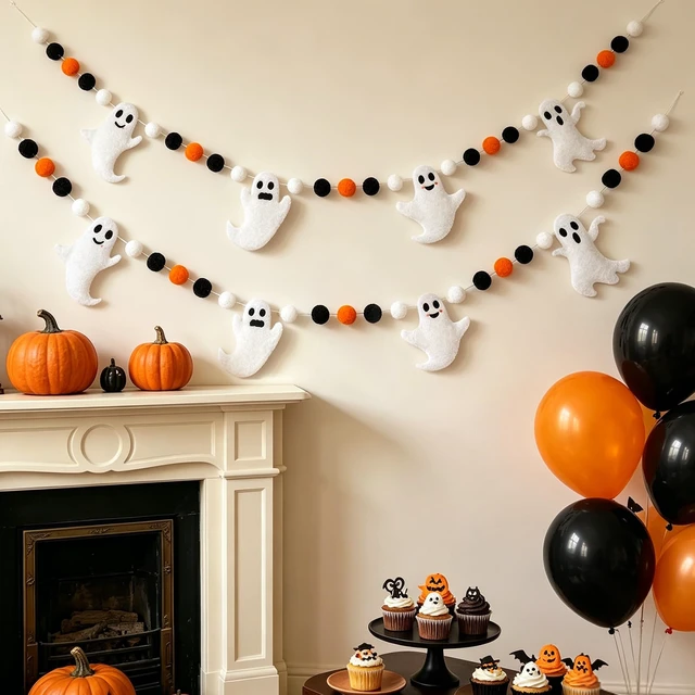 Alt view image 4 of 7 - 6.6 Ft Halloween Theme Banner Different Expressions Cute Ghosts Banner Black White Orange Party Banner Felt Ball Garland for Halloween Haunted Houses Decors Doorways Home Mantel Suppliers