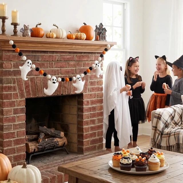 Alt view image 5 of 7 - 6.6 Ft Halloween Theme Banner Different Expressions Cute Ghosts Banner Black White Orange Party Banner Felt Ball Garland for Halloween Haunted Houses Decors Doorways Home Mantel Suppliers
