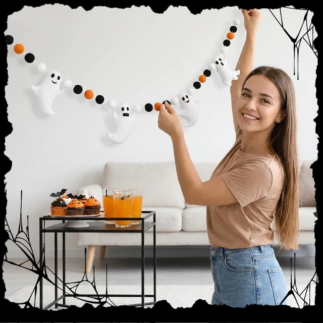 Alt view image 7 of 7 - 6.6 Ft Halloween Theme Banner Different Expressions Cute Ghosts Banner Black White Orange Party Banner Felt Ball Garland for Halloween Haunted Houses Decors Doorways Home Mantel Suppliers