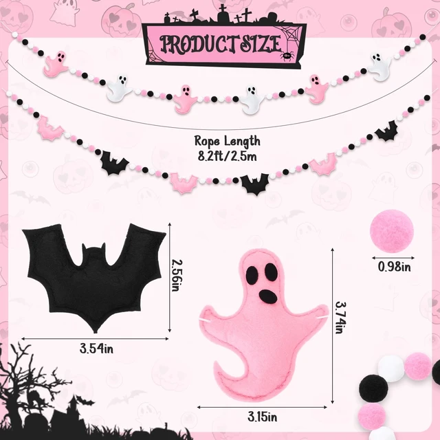 Alt view image 2 of 6 - 2 Pcs 8.2ft Pink Halloween Felt Garland, 3D Ghost Bat Ball Decor | Pastel Halloween Pre Strung Hanging Banner Decorations,for Mantel Fireplace Wall Indoor Home Party Decor