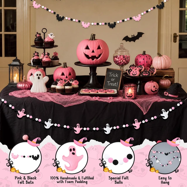 Alt view image 3 of 6 - 2 Pcs 8.2ft Pink Halloween Felt Garland, 3D Ghost Bat Ball Decor | Pastel Halloween Pre Strung Hanging Banner Decorations,for Mantel Fireplace Wall Indoor Home Party Decor