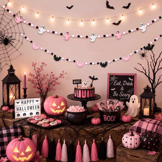 Alt view image 5 of 6 - 2 Pcs 8.2ft Pink Halloween Felt Garland, 3D Ghost Bat Ball Decor | Pastel Halloween Pre Strung Hanging Banner Decorations,for Mantel Fireplace Wall Indoor Home Party Decor