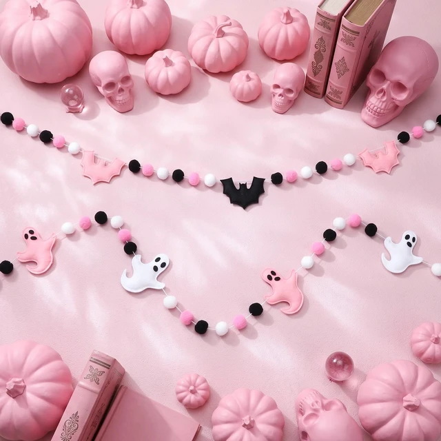 Alt view image 4 of 6 - 2 Pcs 8.2ft Pink Halloween Felt Garland, 3D Ghost Bat Ball Decor | Pastel Halloween Pre Strung Hanging Banner Decorations,for Mantel Fireplace Wall Indoor Home Party Decor
