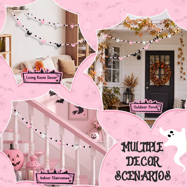 Alt view image 6 of 6 - 2 Pcs 8.2ft Pink Halloween Felt Garland, 3D Ghost Bat Ball Decor | Pastel Halloween Pre Strung Hanging Banner Decorations,for Mantel Fireplace Wall Indoor Home Party Decor