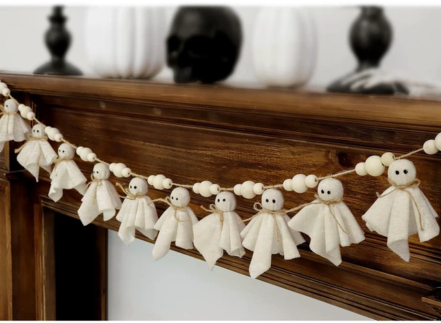 Main image of Ghost Halloween Garland: 1pc White Ghost Halloween Party Banner with Wood Beads, Cute Ghosts Halloween Garland Halloween Banner Decorations for Home Wall Mantel Doorways Front Decor