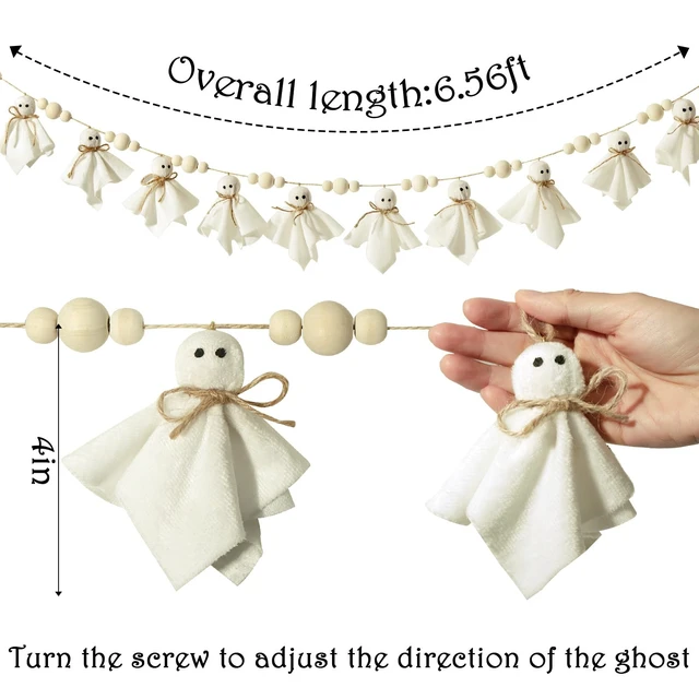 Alt view image 2 of 6 - Ghost Halloween Garland: 1pc White Ghost Halloween Party Banner with Wood Beads, Cute Ghosts Halloween Garland Halloween Banner Decorations for Home Wall Mantel Doorways Front Decor