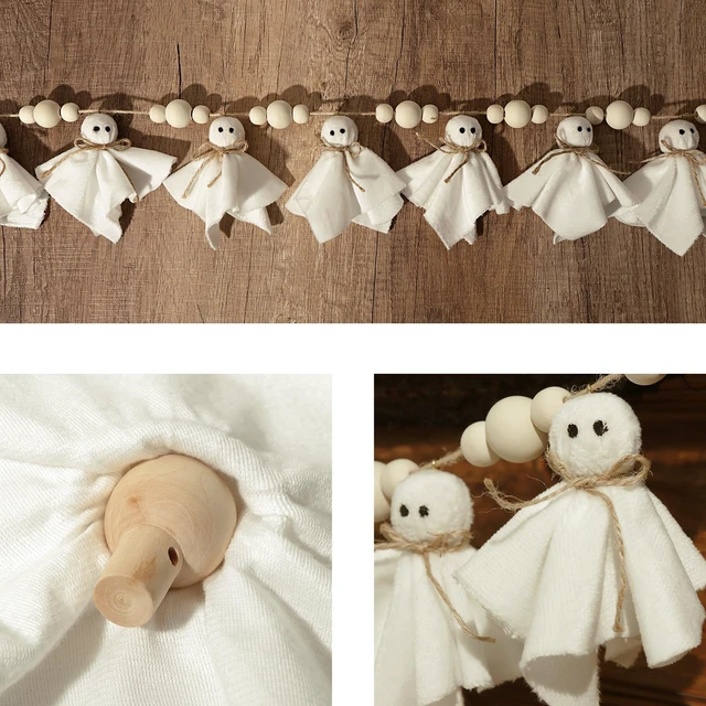 Alt view image 3 of 6 - Ghost Halloween Garland: 1pc White Ghost Halloween Party Banner with Wood Beads, Cute Ghosts Halloween Garland Halloween Banner Decorations for Home Wall Mantel Doorways Front Decor