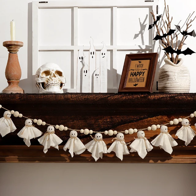 Alt view image 5 of 6 - Ghost Halloween Garland: 1pc White Ghost Halloween Party Banner with Wood Beads, Cute Ghosts Halloween Garland Halloween Banner Decorations for Home Wall Mantel Doorways Front Decor