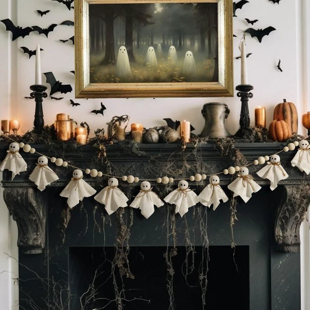 Alt view image 6 of 6 - Ghost Halloween Garland: 1pc White Ghost Halloween Party Banner with Wood Beads, Cute Ghosts Halloween Garland Halloween Banner Decorations for Home Wall Mantel Doorways Front Decor