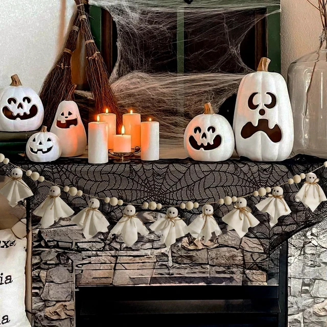 Alt view image 4 of 6 - Ghost Halloween Garland: 1pc White Ghost Halloween Party Banner with Wood Beads, Cute Ghosts Halloween Garland Halloween Banner Decorations for Home Wall Mantel Doorways Front Decor