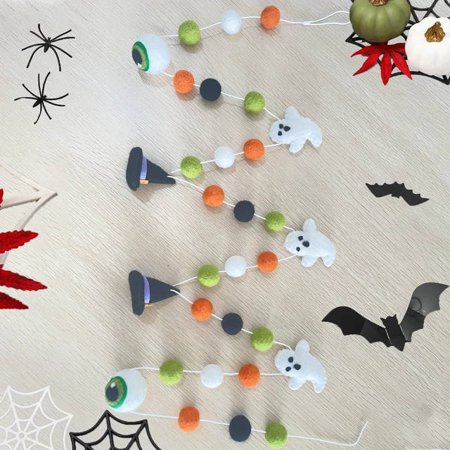 Alt view image 7 of 7 - Halloween Felt Garlands Ghost Halloweens Garland Felts Balls Decorations Fall Pom Pom Garlands Halloween Banner Indoor Holiday Felts Garlans for Hallo ween Thanksgiving Fall Home Decor