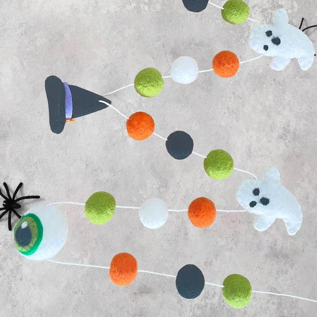 Alt view image 6 of 7 - Halloween Felt Garlands Ghost Halloweens Garland Felts Balls Decorations Fall Pom Pom Garlands Halloween Banner Indoor Holiday Felts Garlans for Hallo ween Thanksgiving Fall Home Decor